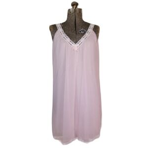 Vintage‎ 60s 70s Baby Pink White Lace Layered Nightgown Mesh Nylon Babydoll S/M